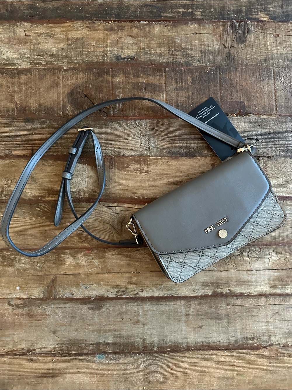 NWT!! Nine West Gray Logo Phone Wallet Crossbody Bag Gold Hardware!